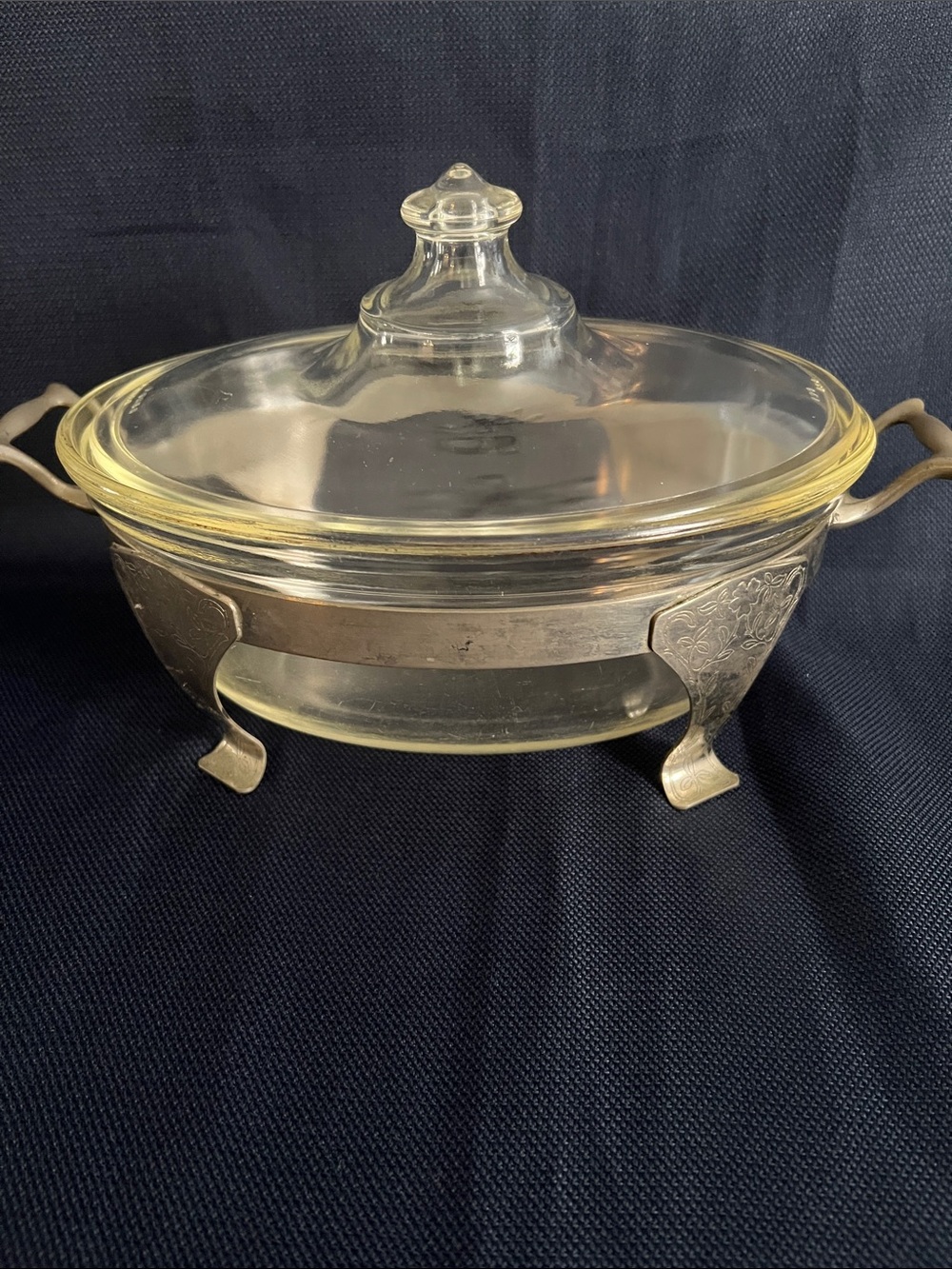 Antique Rare Pyrex Clear Glass Casserole and Silver-Tone Metal Cradle Stand 194